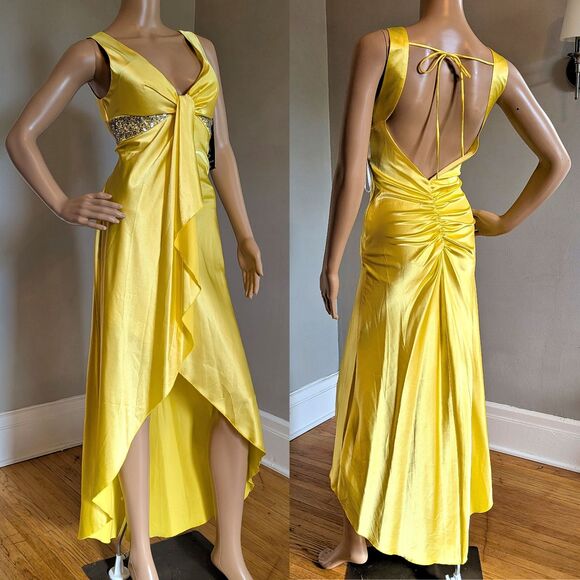 NWT Roberta Yellow Silky Prom Gown, Sequin Beaded High/Low, Size 5/6 - Picture 1 of 14